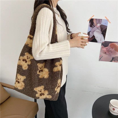 Women Soft Plush Tote Simple Warm Cloth Shopper Bags Handbag Shoulder Bag Purses