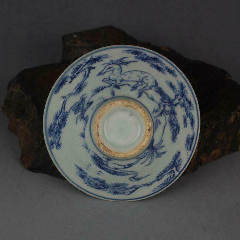 3.2 Inch Blue and White Porcelain Small Bowl Antique Chinese Deer Crane Teacup