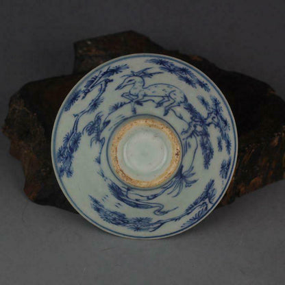 3.2 Inch Blue and White Porcelain Small Bowl Antique Chinese Deer Crane Teacup