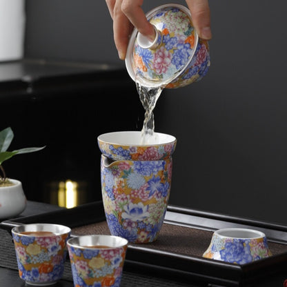 Enamel Craft Complete Tea Set Pure Silver Porcelain Gaiwan Tea Pot Cup Pitcher