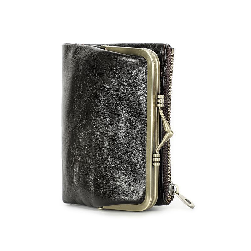 Small Metal Frame Purse Genuine Leather Wallet Hasp Zipper Coins Cards Holder