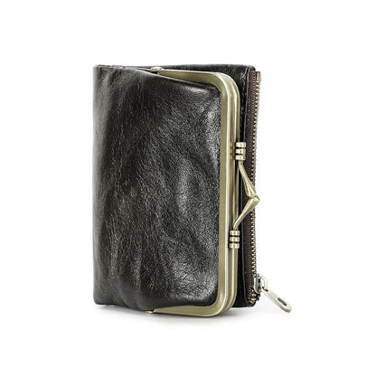 Small Metal Frame Purse Genuine Leather Wallet Hasp Zipper Coins Cards Holder