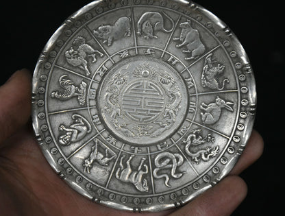 Old Miao Silver Fengshui 12 Zodiac Year Animal Plate Dish Statue Collection