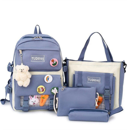 4 Pcs Sets Women Bag Women Backpack Book Bags Female with Plush Pendant