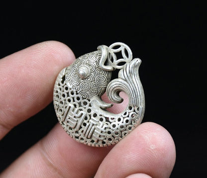 Rare Chinese Miao Silver Feng Shui Hollow Fish Goldfish Money Coin Luck Pendant