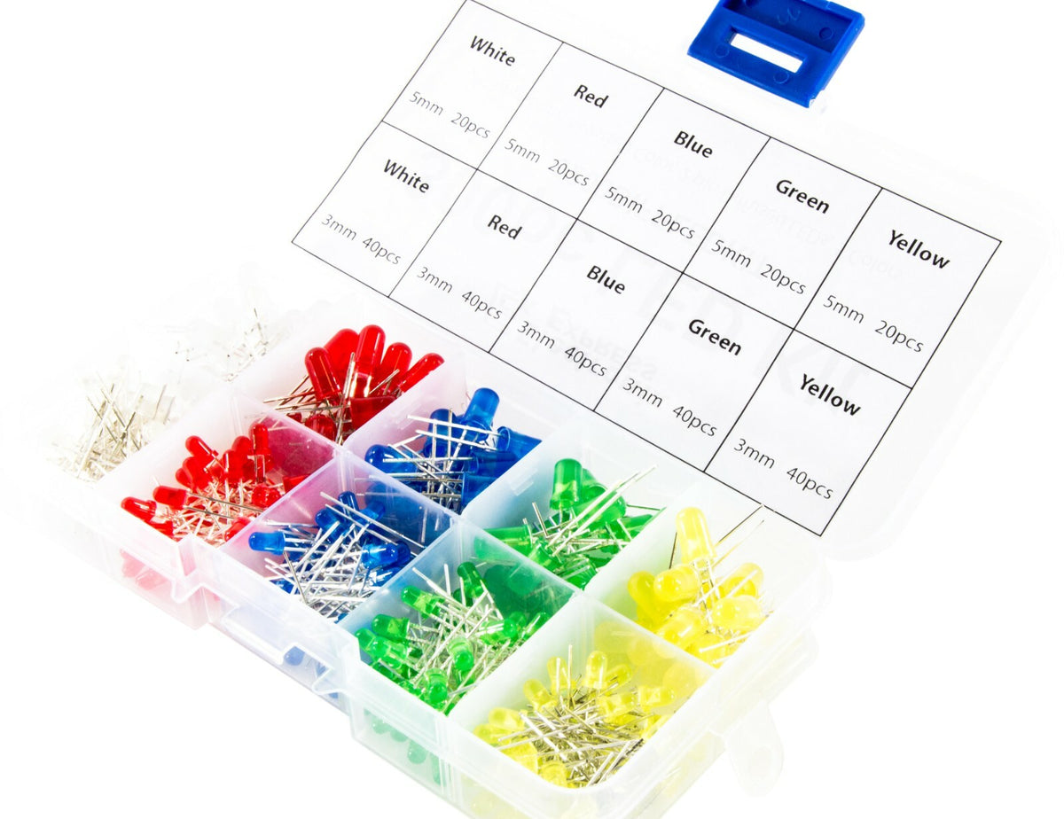 300 Piece Diffused Lens LEDs, 3mm & 5mm, Colors: White, Red, Blue, Green, Yellow