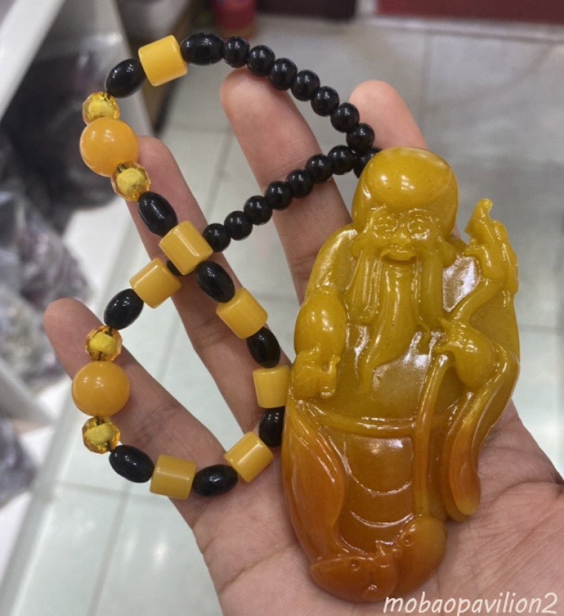 Chinese Natural Huanglong Jade Carved Longevity Star Necklace Pendant