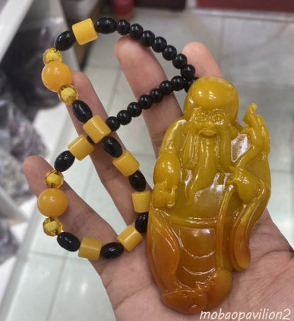Chinese Natural Huanglong Jade Carved Longevity Star Necklace Pendant
