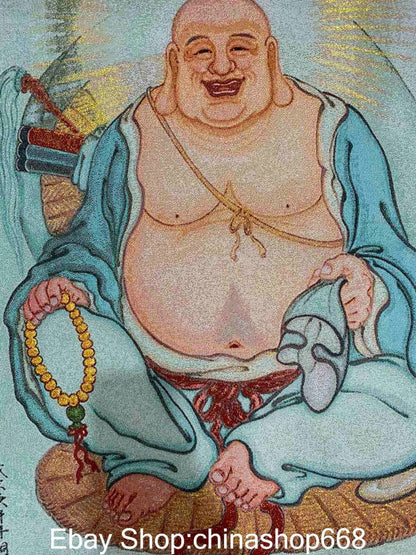 36" Old Chinese Embroidery Silk Cloth Happy Laugh Maitreya Buddha Thangka