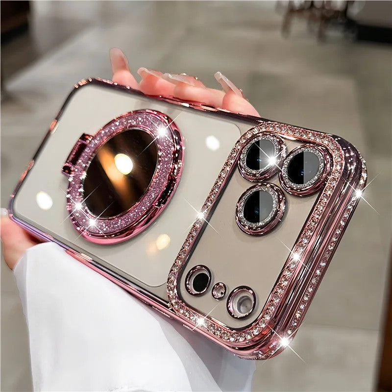 Luxury Rhinestone Magnetic Stand Silicone Case for iPhone 17/16/15/14/13/12/11