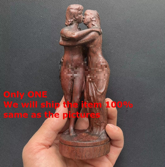 Unique 6" Rosewood Carved Lesbian Girl Kiss Statue Beauty Figurine Model Home