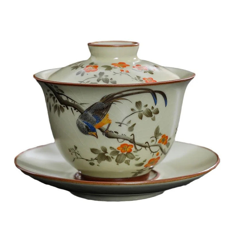 Handmade Gaiwan Chinese Teacup Hand-painted Flowers Sancai Tea Tureen Tea Bowl