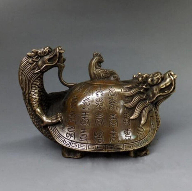 Rare Oriental copper Signed carved Dragon Teapot Statues