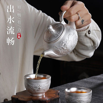 240ml Fine Chinese Style Dragon and Phoenix Auspicious Pure Silver Kungfu Teapot
