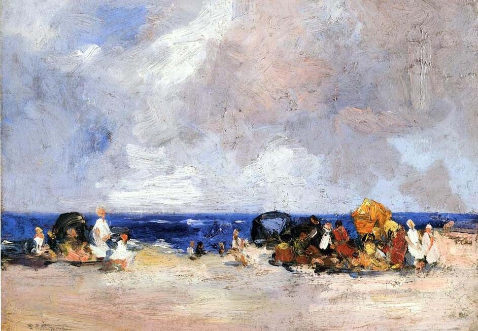 Oil painting Edward-Potthast-A-Day-at-the-Beach-impression landscape & people