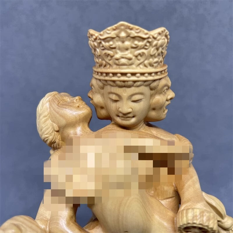 6" New Boxwood Tantra Buddhism Home Hevajra Yab-Yum Happy Love Buddha Statue