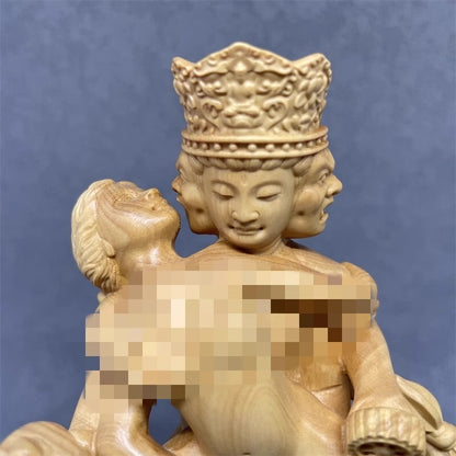 6" New Boxwood Tantra Buddhism Home Hevajra Yab-Yum Happy Love Buddha Statue