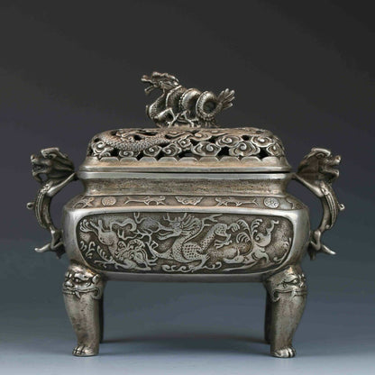 Chinese Tibetan Silver Hand-carved Dragon Incense Burner&Lid XuanDe Mark