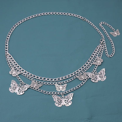 Women Belt Metal Shiny Silver Gold Butterfly Fashion Hollow Chain Thin Waistband