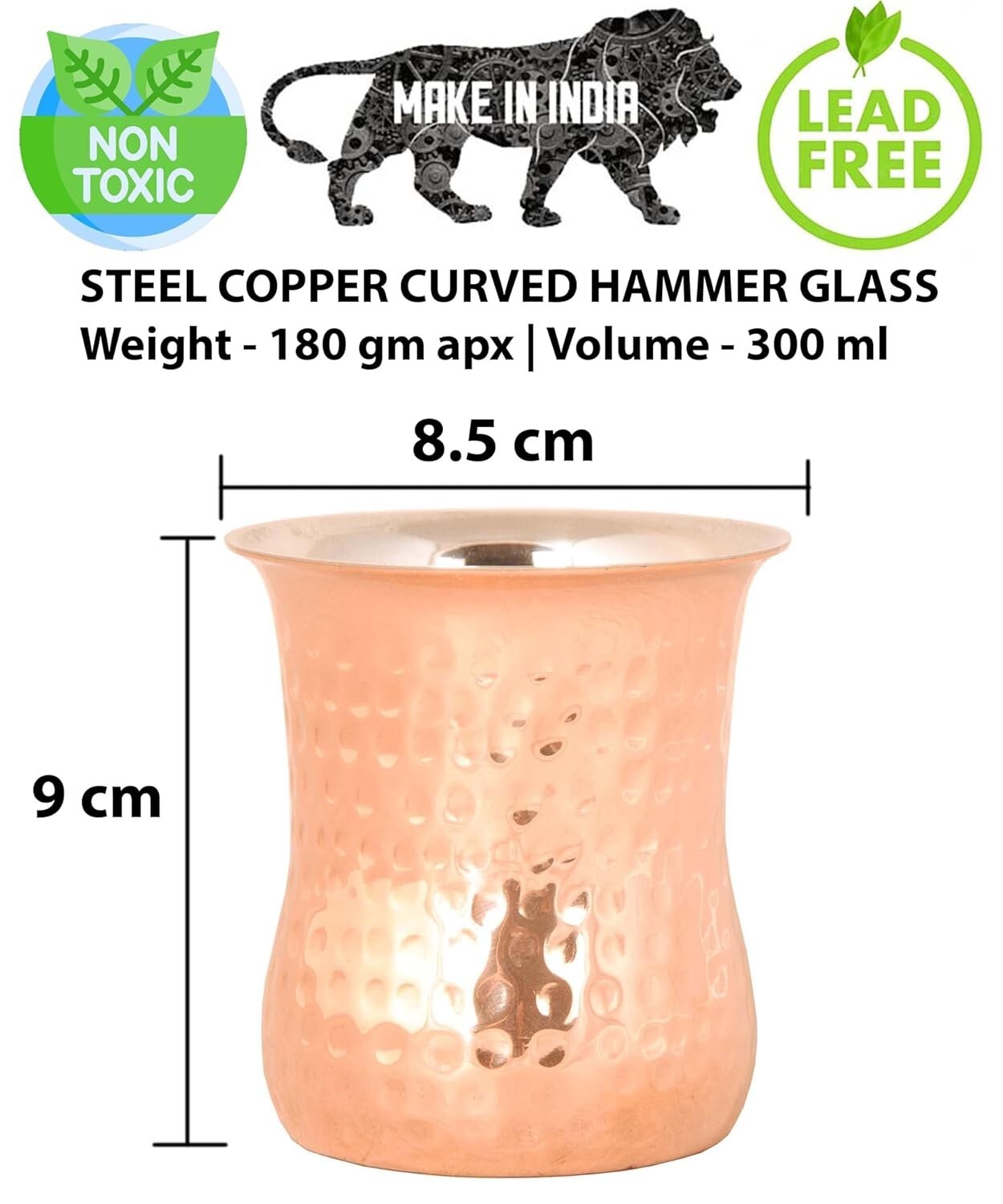 Set of 2 Steel Copper Water Glass Hammered Design for Drinking Serving Water