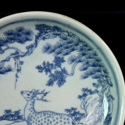 Old Porcelain Blue and White Pine Deer Pattern Plate Porcelai