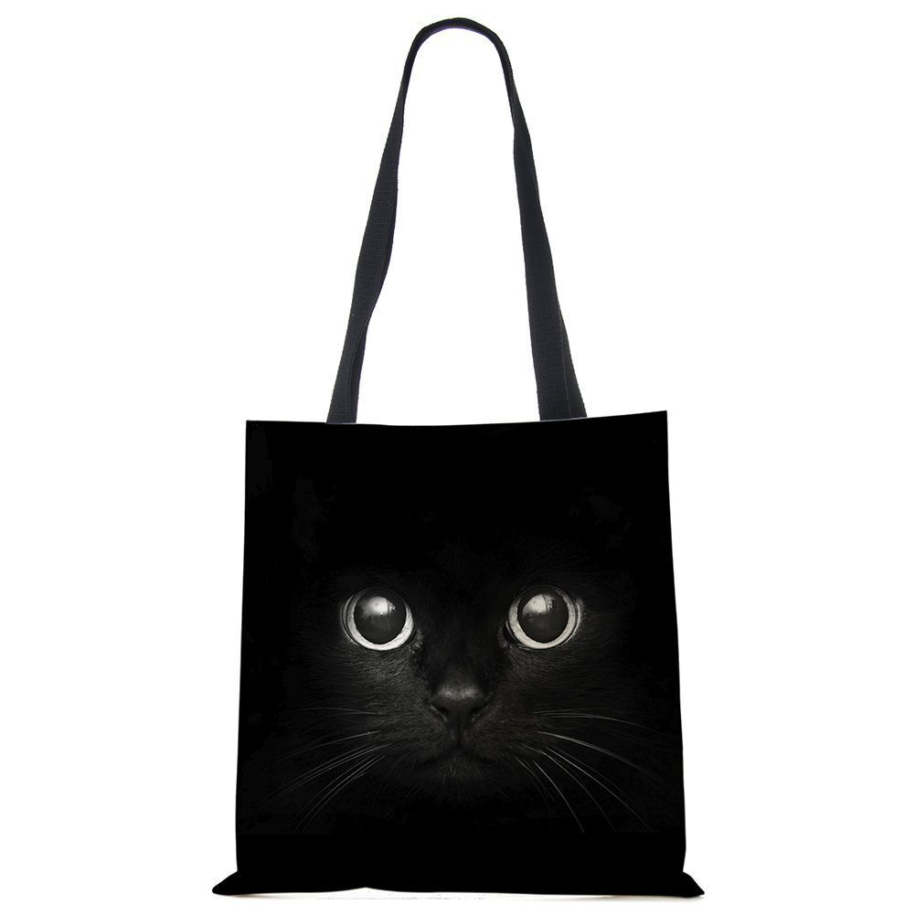 Tote Bags Black Cat Printed Linen Fabric Eco Handbag Shopping Reusable Shoulder