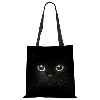 Tote Bags Black Cat Printed Linen Fabric Eco Handbag Shopping Reusable Shoulder