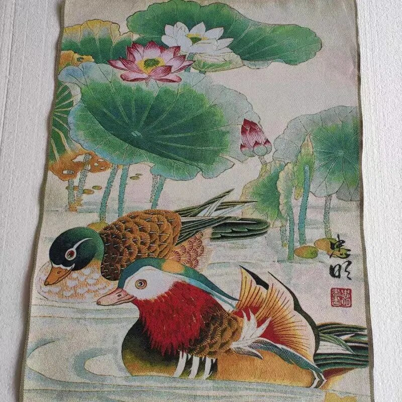 Thangka Mandarin Duck Playing in The Water Embroidered Brocade Painting-