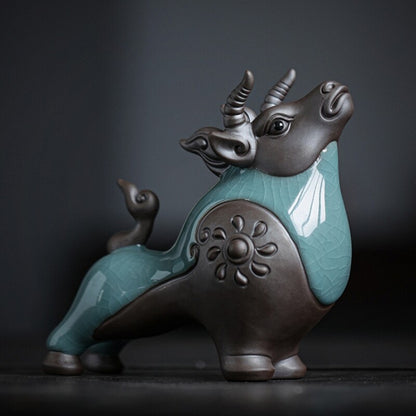 Chinese Ornament Yixing Zisha Purple Clay Tea Pet Brother Kiln Crackle Glaze OX
