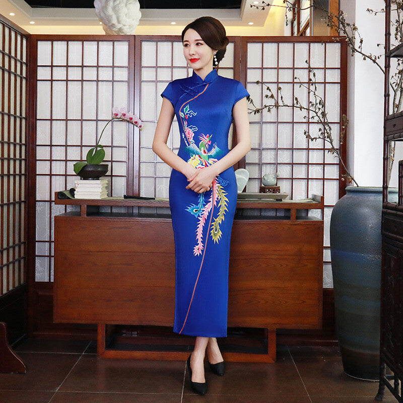 Chinese Traditional Cheongsam Women Silk Long Dress Prom Qipao Size M to 4XL