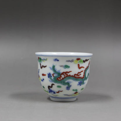 2.5" China Ming Blue White Doucai Contrasting Colors Porcelain Animal Dragon Cup