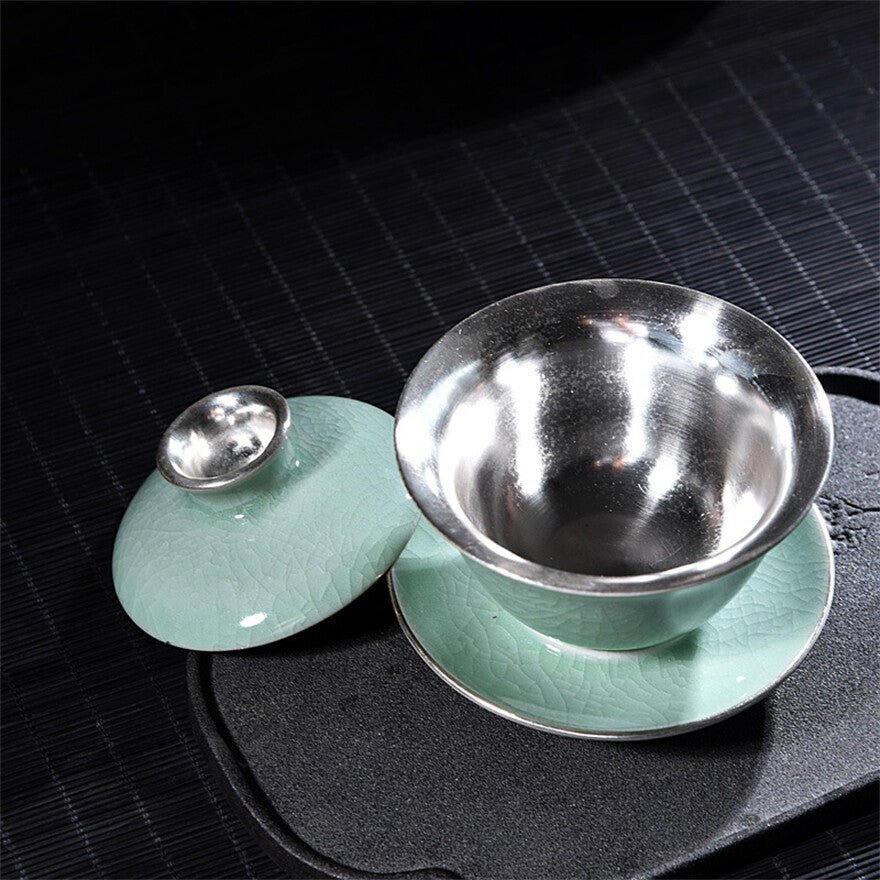 Five Kiln Tea Bowl Gaiwan Teacup Gilt Silver Porcelain Kung Fu Silver Tea Bowl