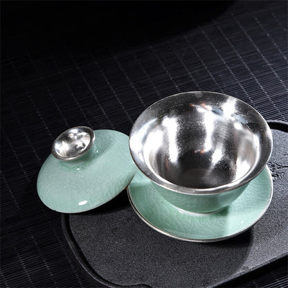 Five Kiln Tea Bowl Gaiwan Teacup Gilt Silver Porcelain Kung Fu Silver Tea Bowl
