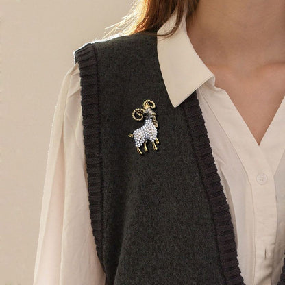 Pearl Goat Brooch Metal Sheep Pin Sweater Cardigan Accessory Gift
