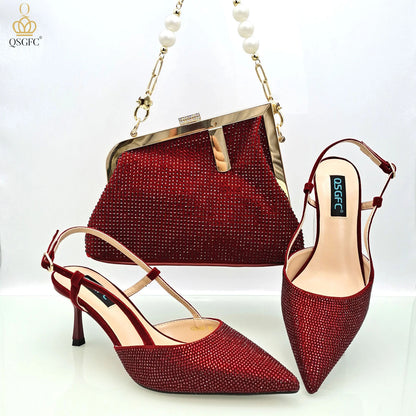 Wine Fashion Bag Shoulder Bag and Strap High Heels Commuter Shoes and Bag