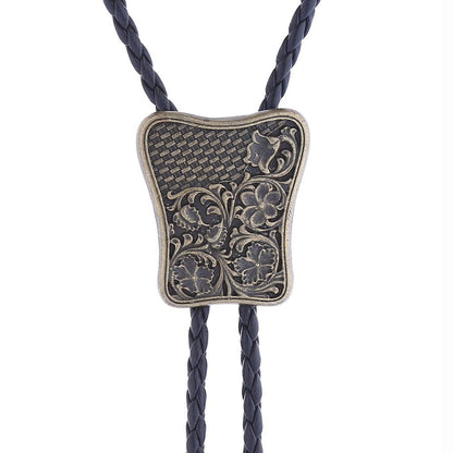 Men Bolo Tie Western Style Leather Chain Carving Pattern Pendant Necktie 4x106cm
