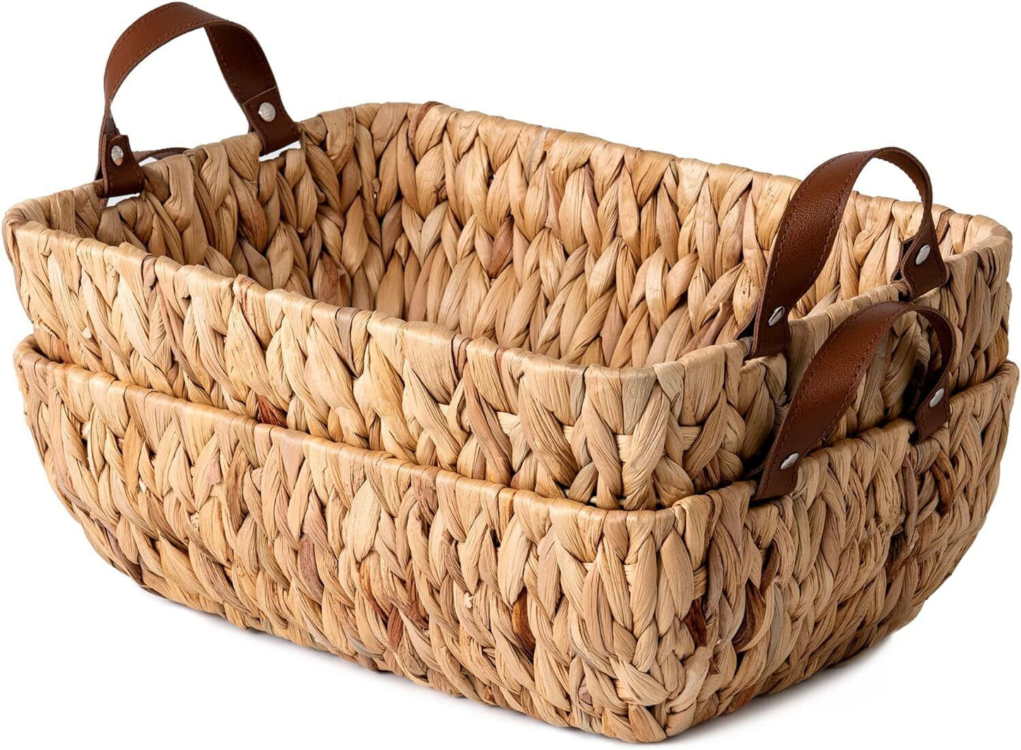 Handwoven Seagrass Wicker Storage Baskets Faux Leather Handles Home Decoration