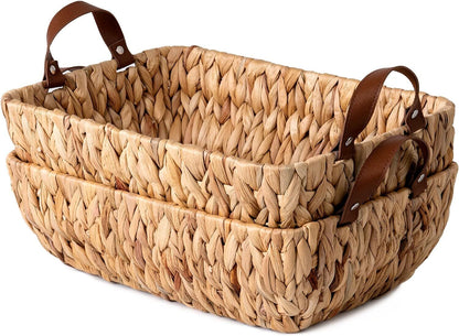 Handwoven Seagrass Wicker Storage Baskets Faux Leather Handles Home Decoration