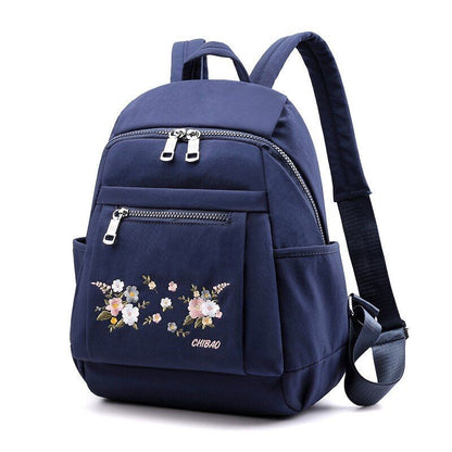 Nylon Backpack Black Zipper School Bags Flower Embroidery Rucksack High Capacity