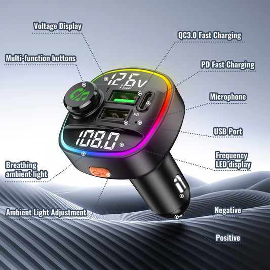 Bluetooth 5.0 Car Wireless FM Transmitter Adapter USB PD Charger AUX Hands LOT