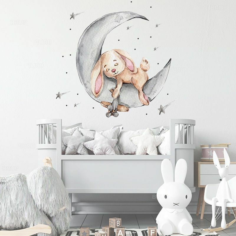 Wall Stickers Cartoon Teddy Bear Sleeping on the Moon Kids Room Baby Decoration
