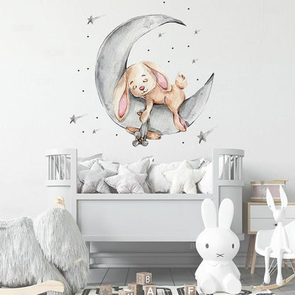 Wall Stickers Cartoon Teddy Bear Sleeping on the Moon Kids Room Baby Decoration