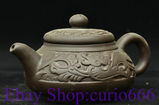6" Old antique China Yixing Zisha Teapot Handmade Carving Dragon Teakettle