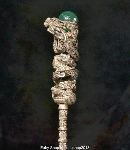 6.6" Old China Silver Inlay Green Gem Dynasty Dragon Bead Hairpin Hair Stick