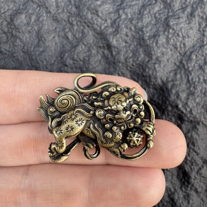 Vintage Tibetan Brass Snow Lion Pendant Antique Collectible Charm
