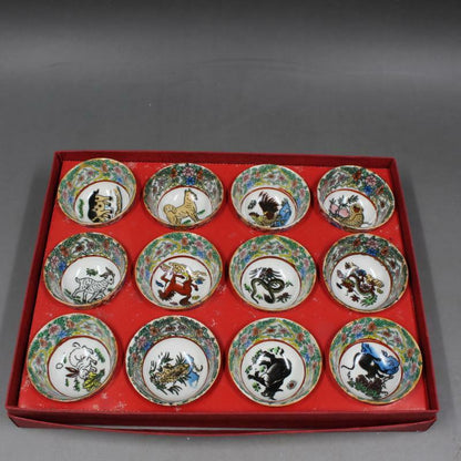 12pcs/set 5cm China Jingdezhen Antique Porcelain Zodiac Animal Pattern Teacup