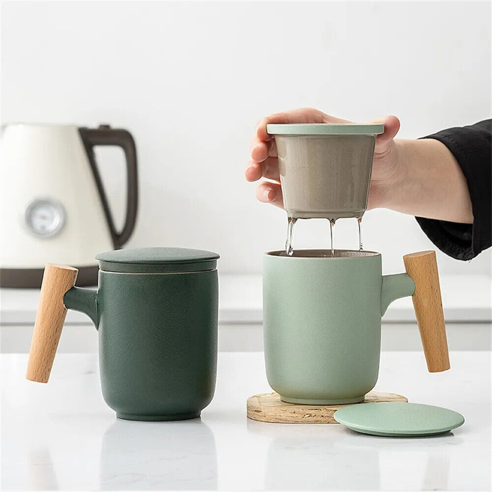 Mug 350ml Ceramic Wood Teacups W/ Lid & Filter Tea Separation Large Capacity Cup