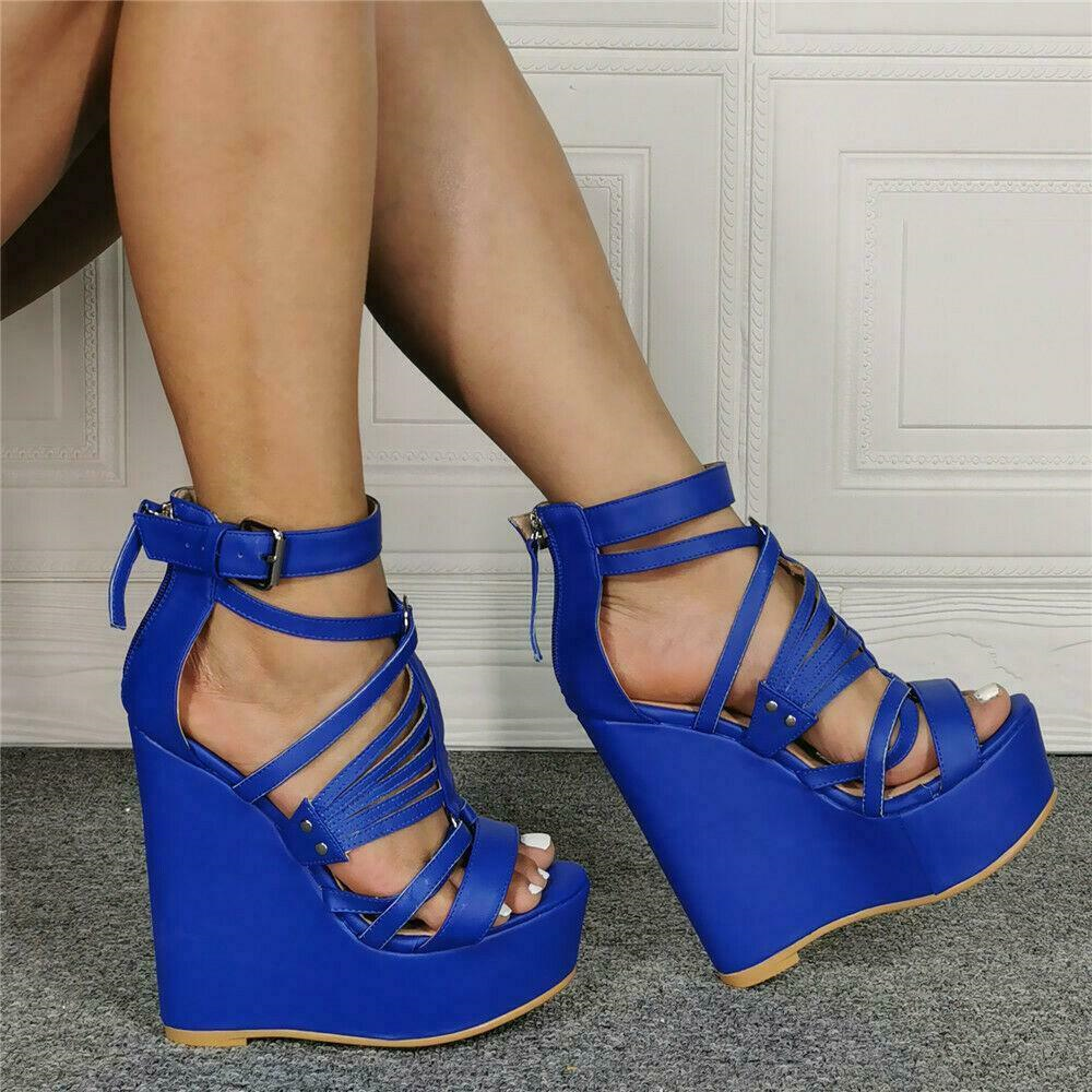 Womens High Wedge Platform Heels Buckle Strappy Roman Sandals Zip Shoes Plus SZ