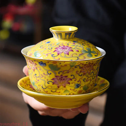 Jingdezhen Enamel Ceramic Gaiwan Teacup Handmade Flower Pattern Tea Bowl Chinese