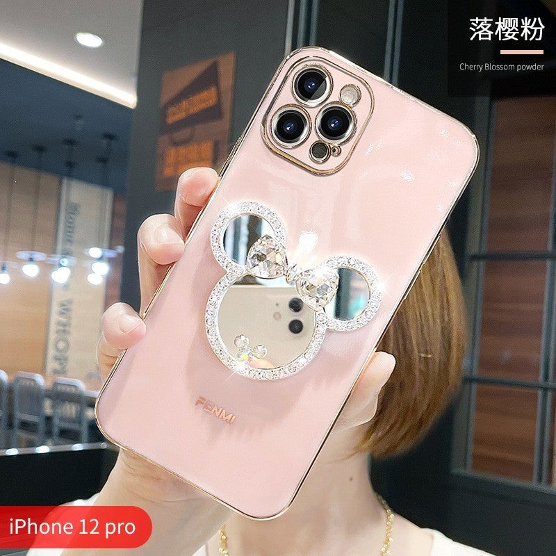 For iPhone 17 Pro Max/16/15 Cute Bling Mirror Holder Phone Case w/Chain 8 color